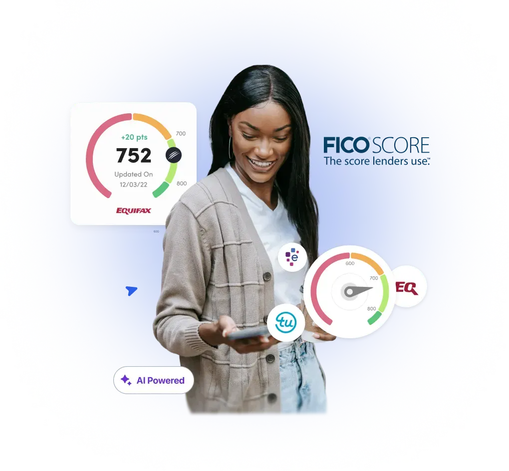 Woman holding phone with FICO score